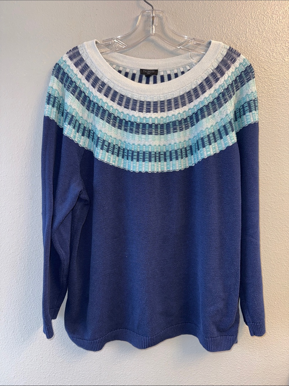 Talbots Navy Sweater with Aqua and White Striped Yoke-SZ 2X